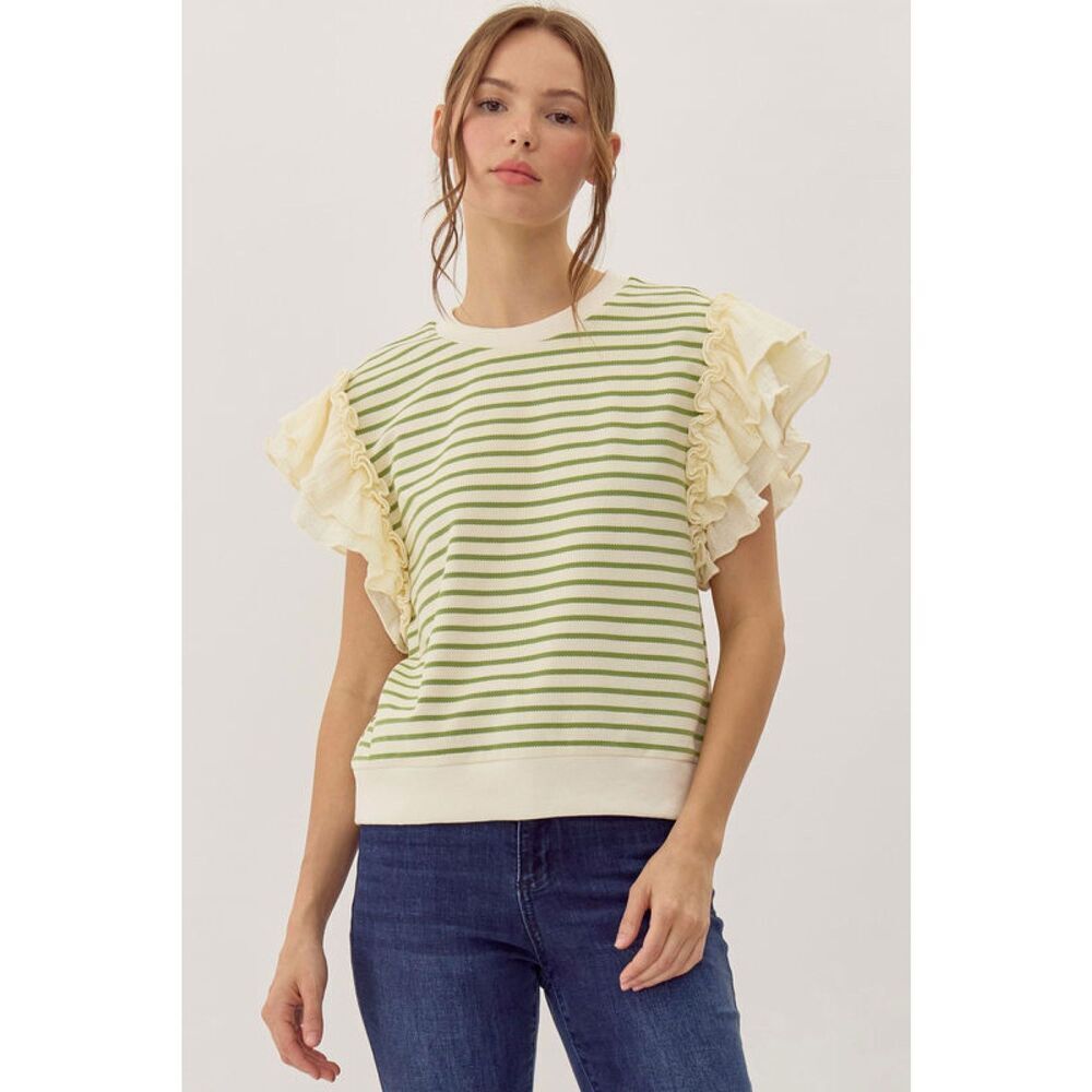 265. Cream Ruffle Top with Green Stripes (S,M,L,XL)